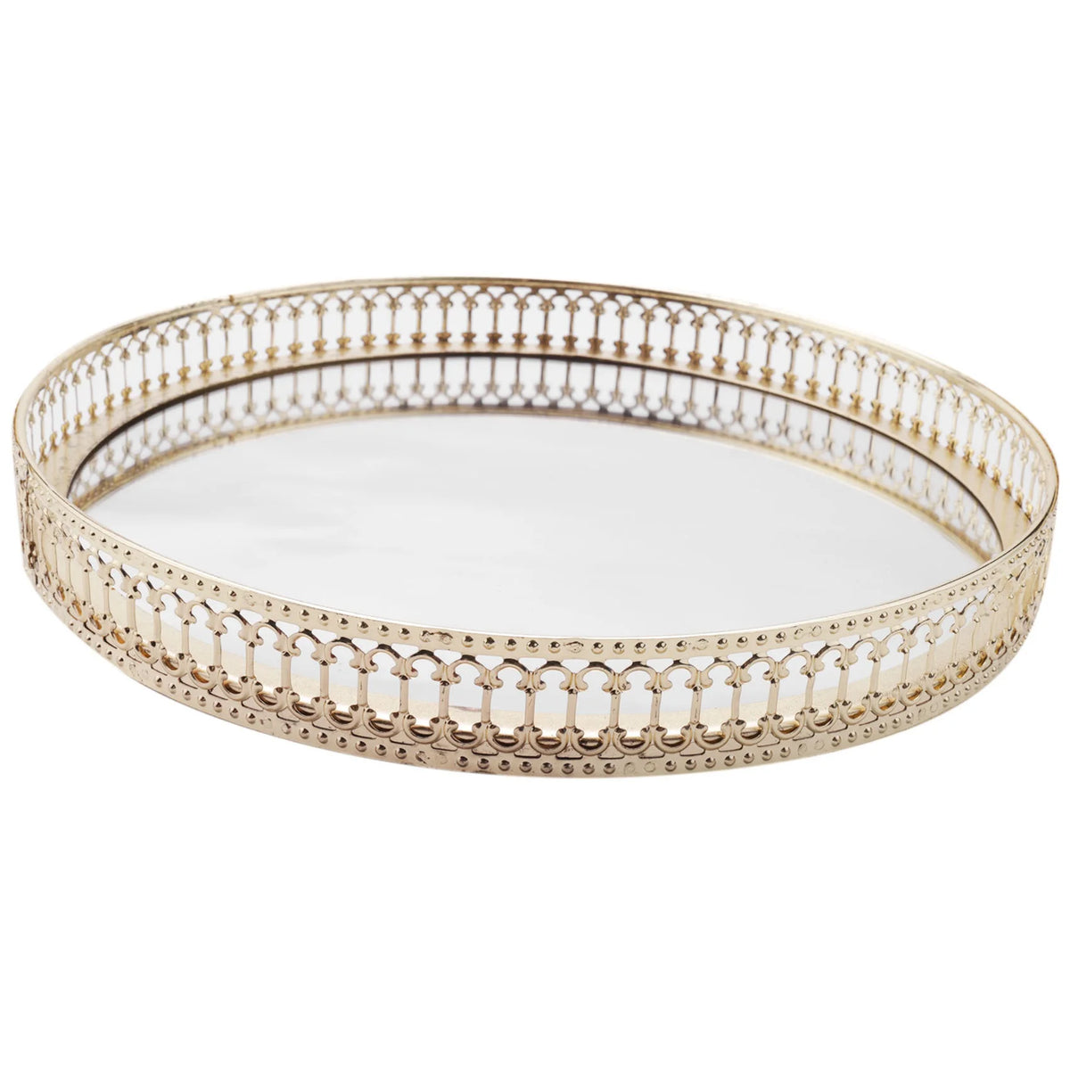 plateau rangement bijoux miroir doré ajouré motifs géométriques élégants classique utilisation maquillage decoration