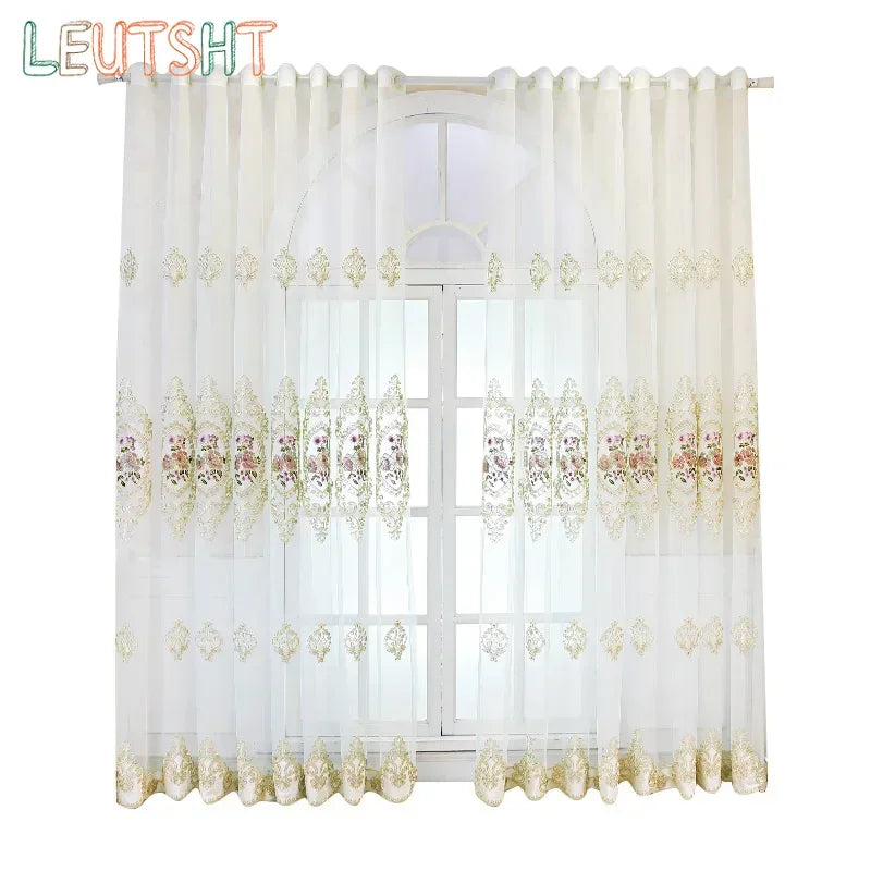 rideau tulle transparent brodé fleur doré élégant maison moderne polyester