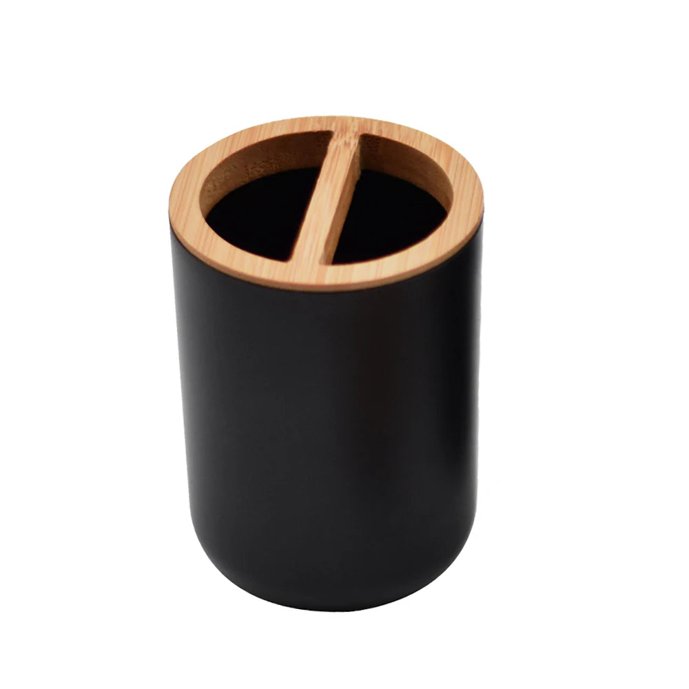 ensemble salle bain bambou distributeur savon porte brosse dents porte savon tasse noir