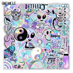 stickers holographiques assortiment violet rose bleu motifs véhicules animaux alimentos symboles personnages adhésifs