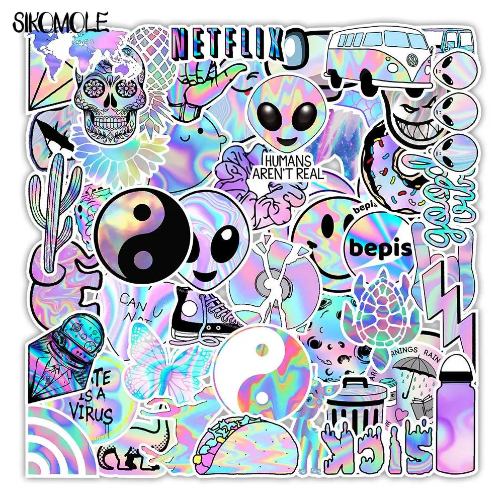 stickers holographiques assortiment violet rose bleu motifs véhicules animaux alimentos symboles personnages adhésifs