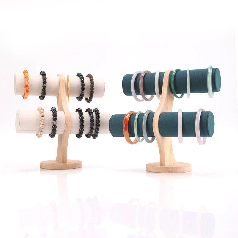 présentoir bijoux bois velours noir blanc orange gris rose vert moderne bracelets tubes