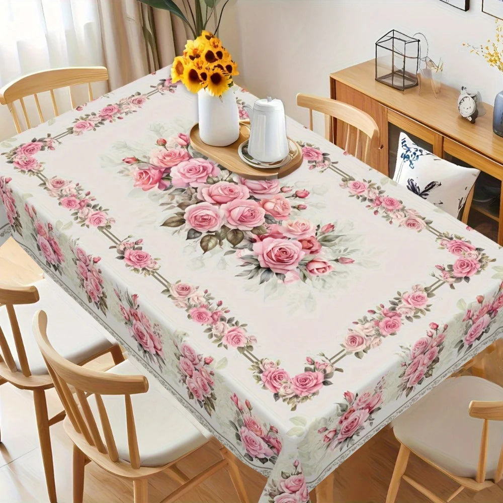 nappe fleur rose printemps moderne rectangle maison décoration table verre assiette couverts