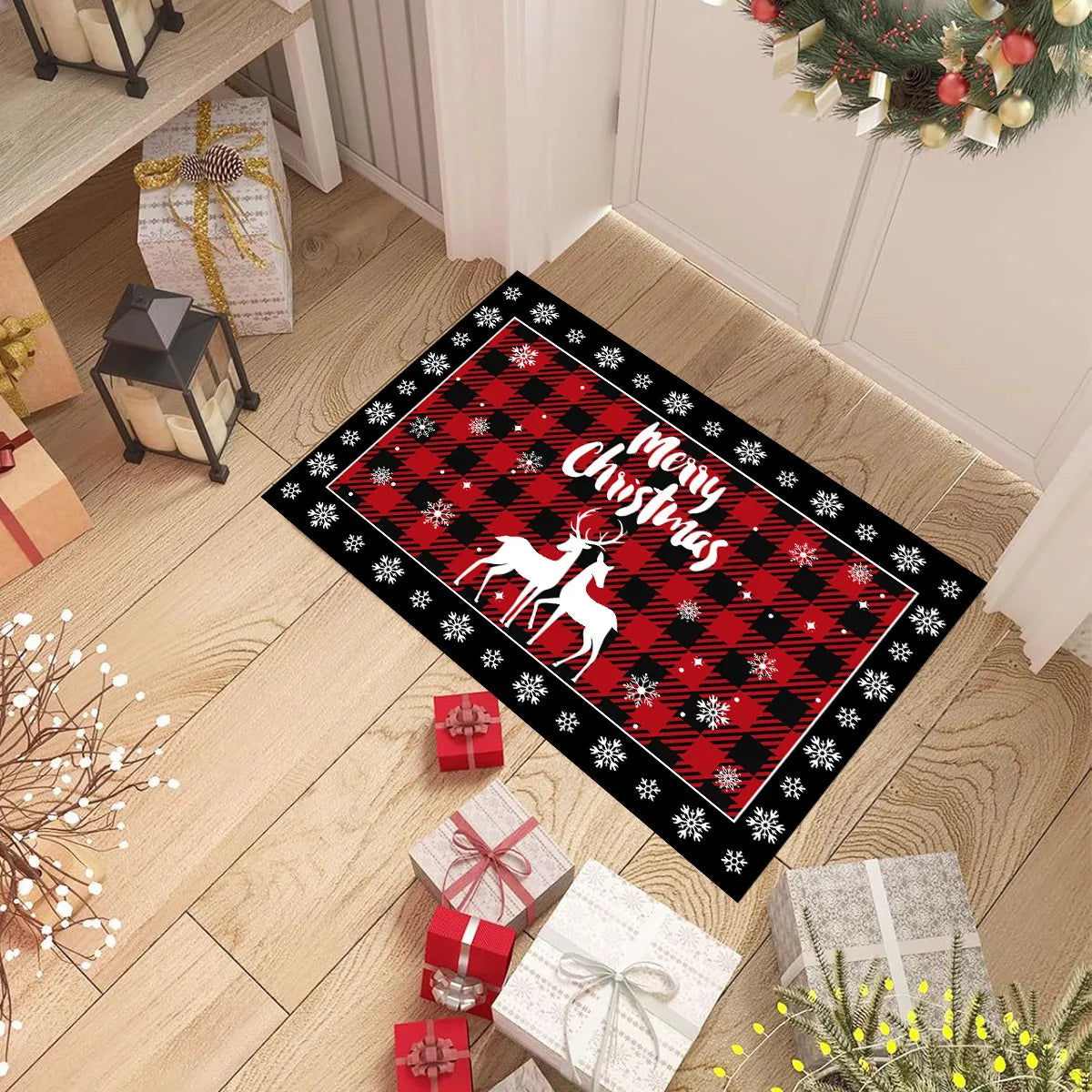 tapis sol carreaux rouge noir blanc sapins rennes noel merry christmas festive déco