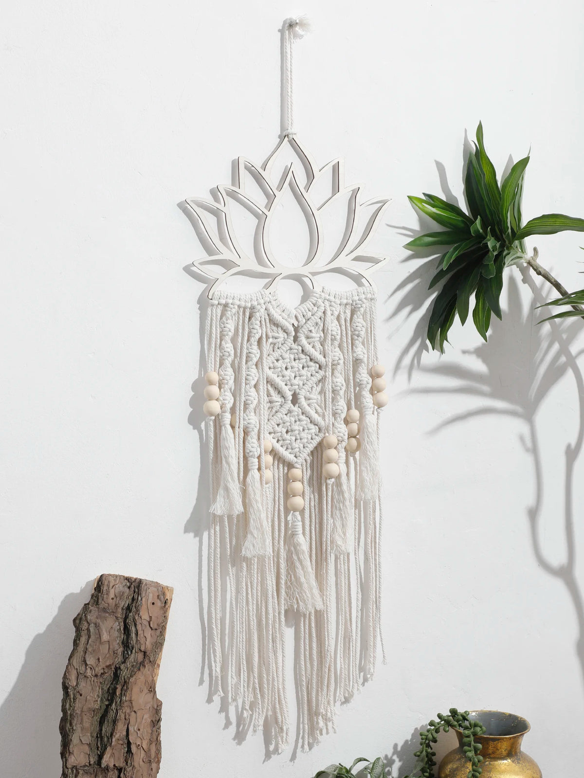 décoration murale macramé boho fleurs lotus franges blanc chambre zen