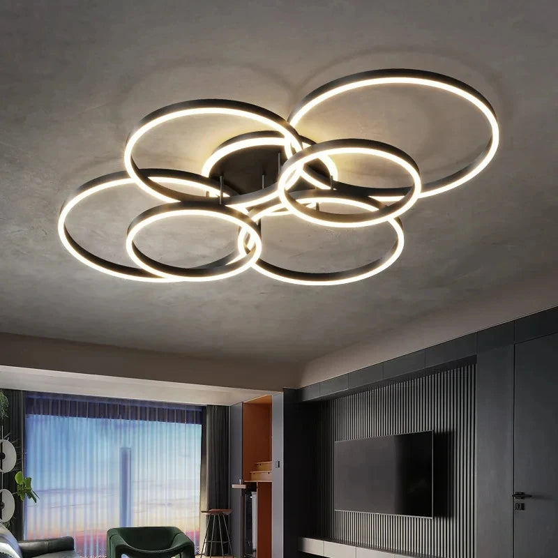 plafonnier moderne anneaux concentriques led noir doré éclairage blanc contemporainSuspensionAnneauxLumineuxConcentrique