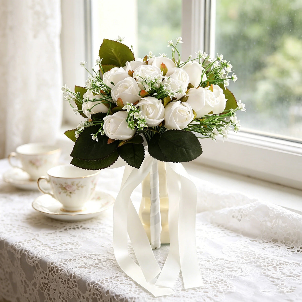 bouquet fleurs artificielles vase transparent romantique mariage blanc rose verte