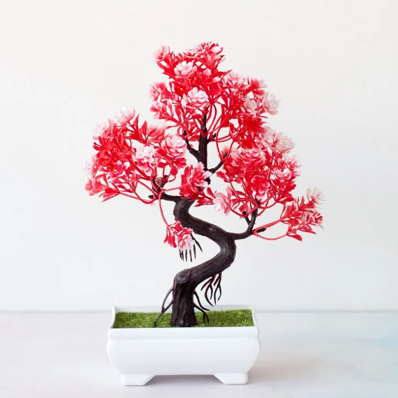 Décoration intérieure bonsaï artificiel rouge vert orange feuilles fines tronc noueux pot blanc mousse