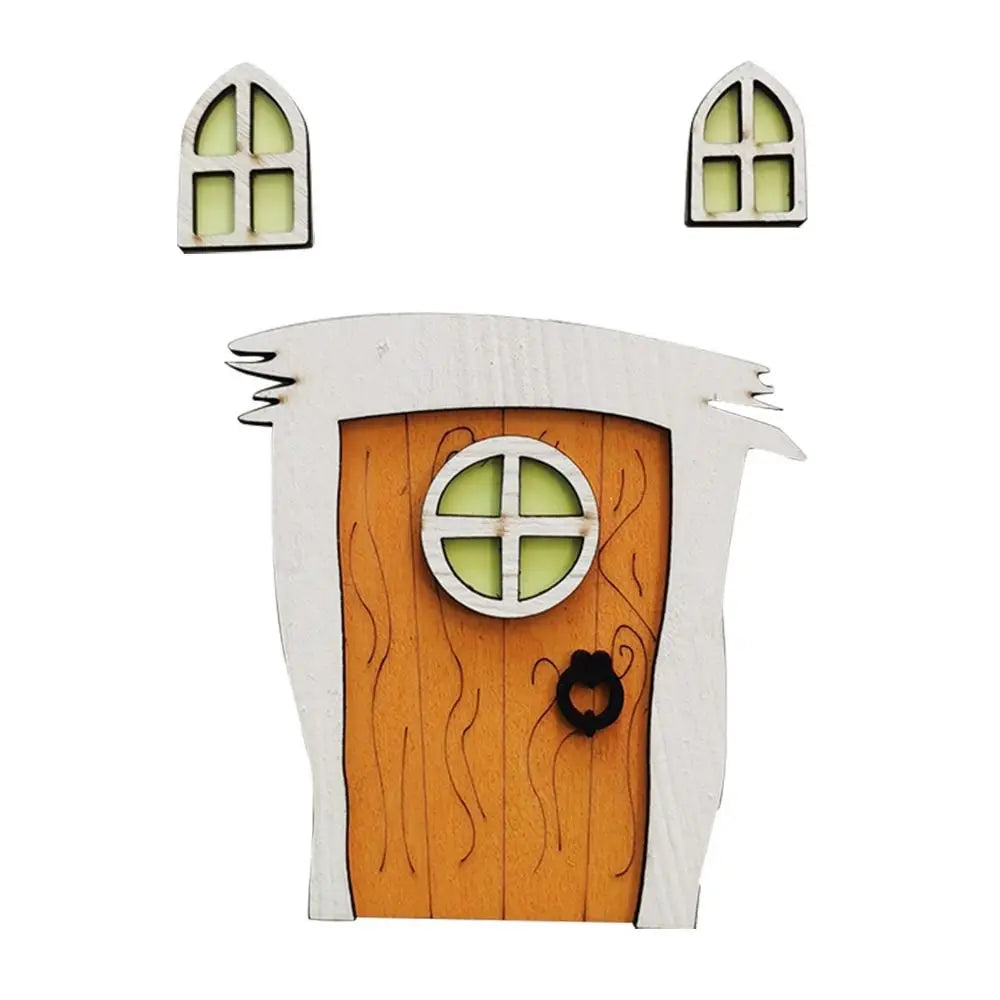 porte maison miniature bois décorative fenêtres vertes motif géométrique cadre gris