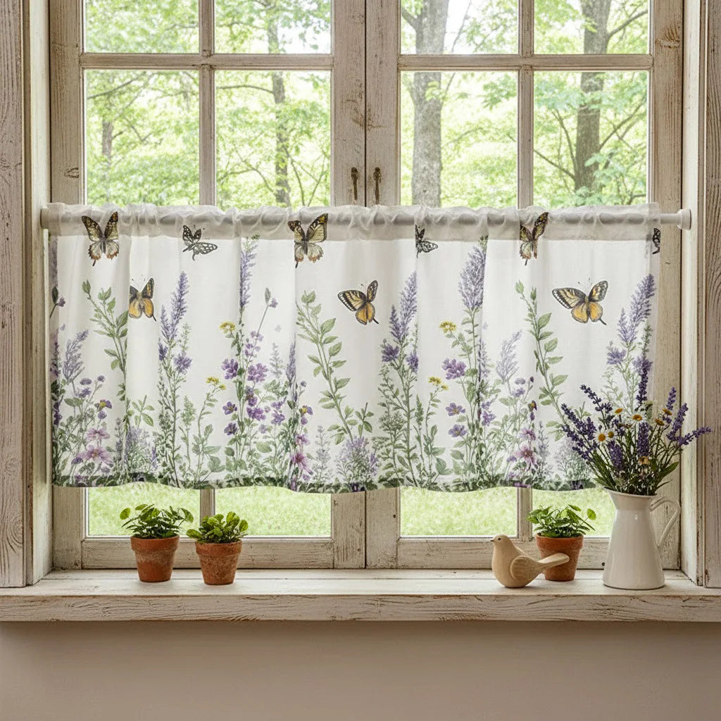 rideau floral papillon polyester semi transparent romantique naturel cuisine blanc violet vert rose bleu
