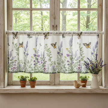 rideau floral papillon polyester semi transparent romantique naturel cuisine blanc violet vert rose bleu