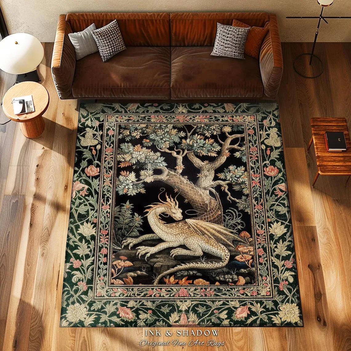 tapis art nouveau dragon stylisé bleu noir vert arbre fleurs moderne salon chambre