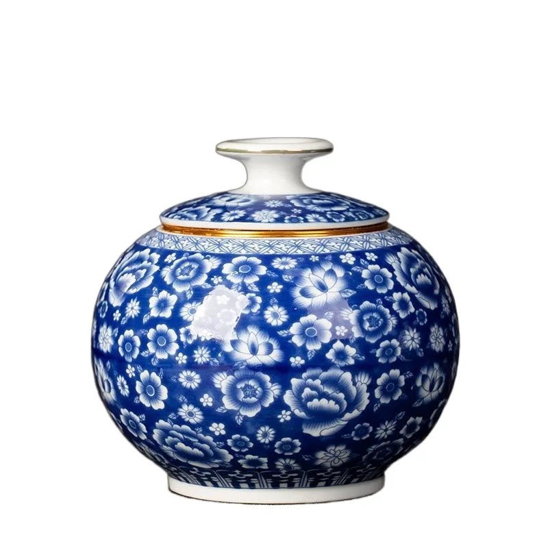 pot thé céramique bleu marine blanc fleurs dorées couvercle classique