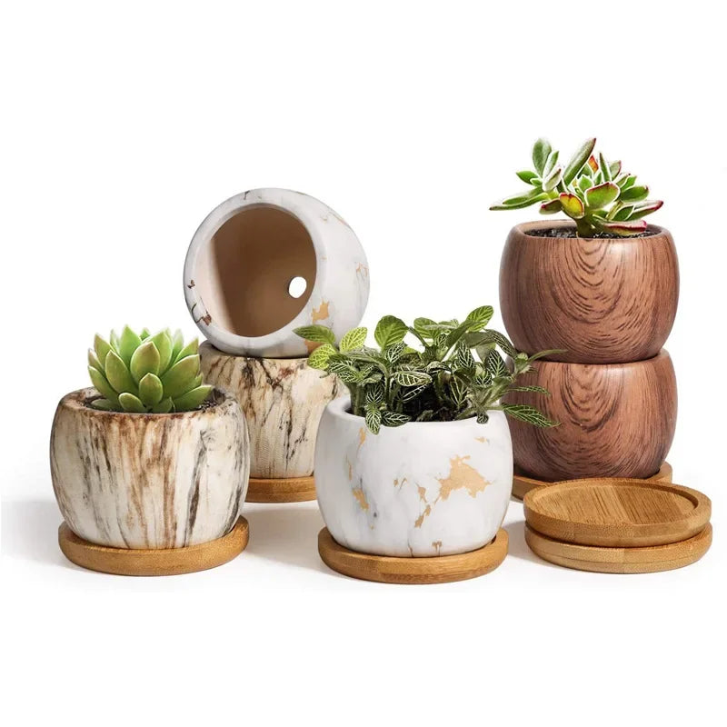 cache pots céramique marbre blanc marron moderne minimaliste plateau bambou fleur plante verteDecorationIntérieureJardinageFournituresOffice