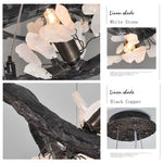 suspension luminaire branches cuivre fleurs artificielles moderne noir blanc salon salle manger intérieur