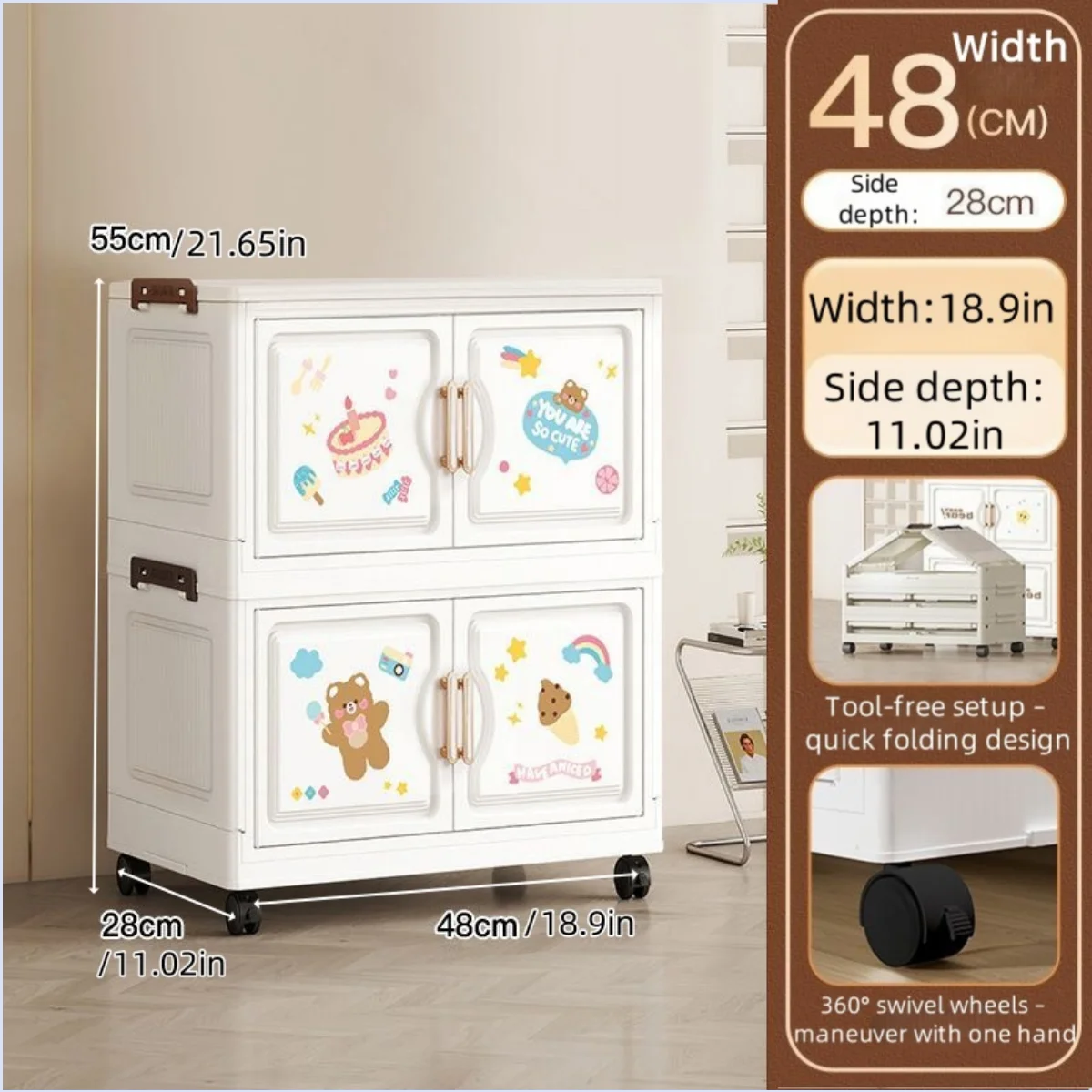 organisateur vêtements armoire tiroirs dessins animés ours lapins moderne blanc roulettes pliable chambre salon