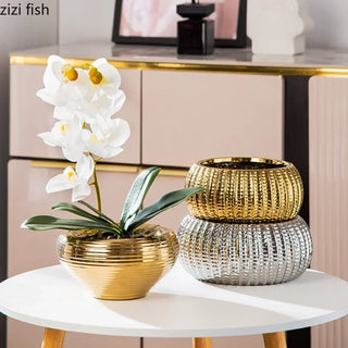 vase decoratif moderne texturé or argent rose orchidée artificielle plante succulente fleur