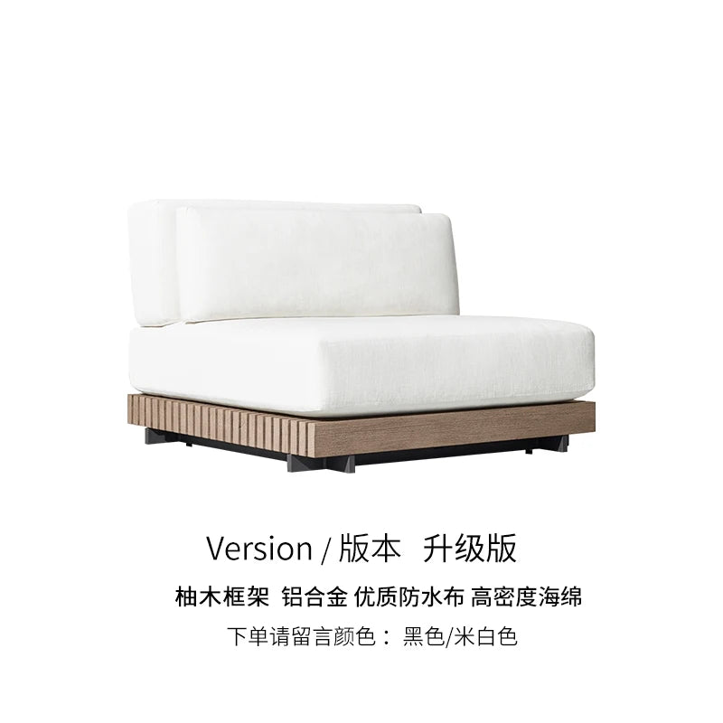 canapé extérieur modulable gris foncé tissu bois naturel coussins pieds noirs moderne minimaliste