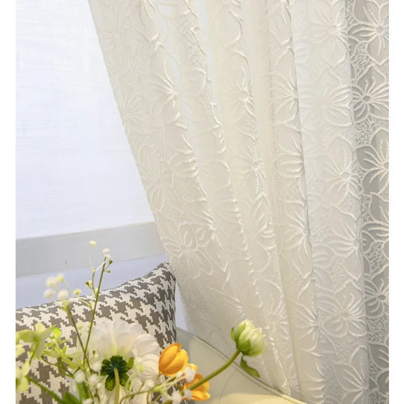 rideau blanc fleurs transparent classique fenêtre française polyester brodé