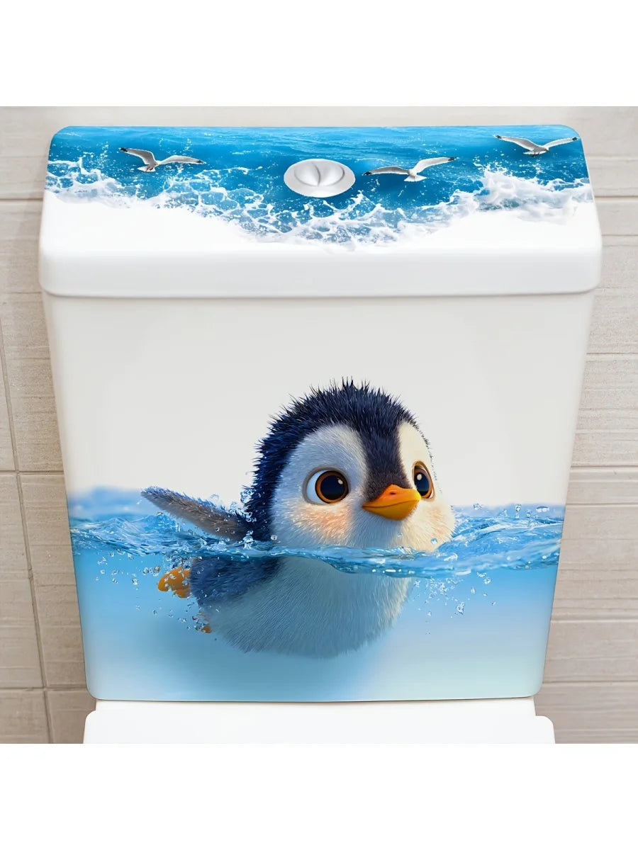 cache cuvette toilette pingouin bleu blanc illustration adhésive salle bain déco facile nettoyage