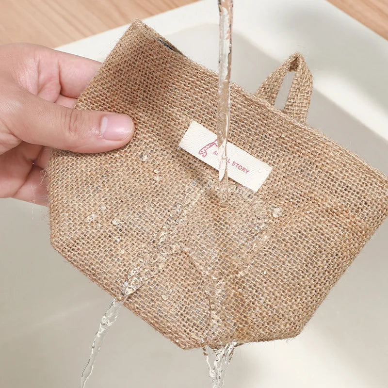 sac rangement toile jute pois rayures beige bleu clair rustique boho chic pliable crochet