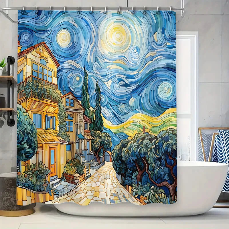 rideau douche van gogh village nuit étoile bleu jaune impressioniste classique polyester durable