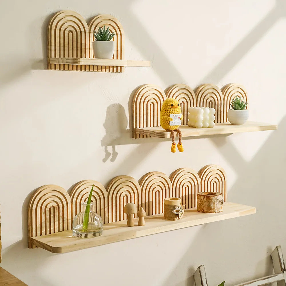 étagère murale bois naturel arc cercle bohème minimaliste scandinave chambre salon decoration