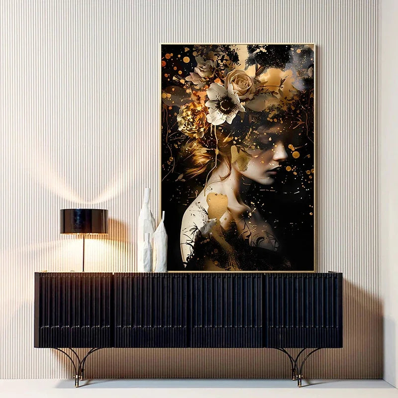 toile d'art contemporain abstrait fleurs dorées sans cadre moderne décoration maison noir blanc
