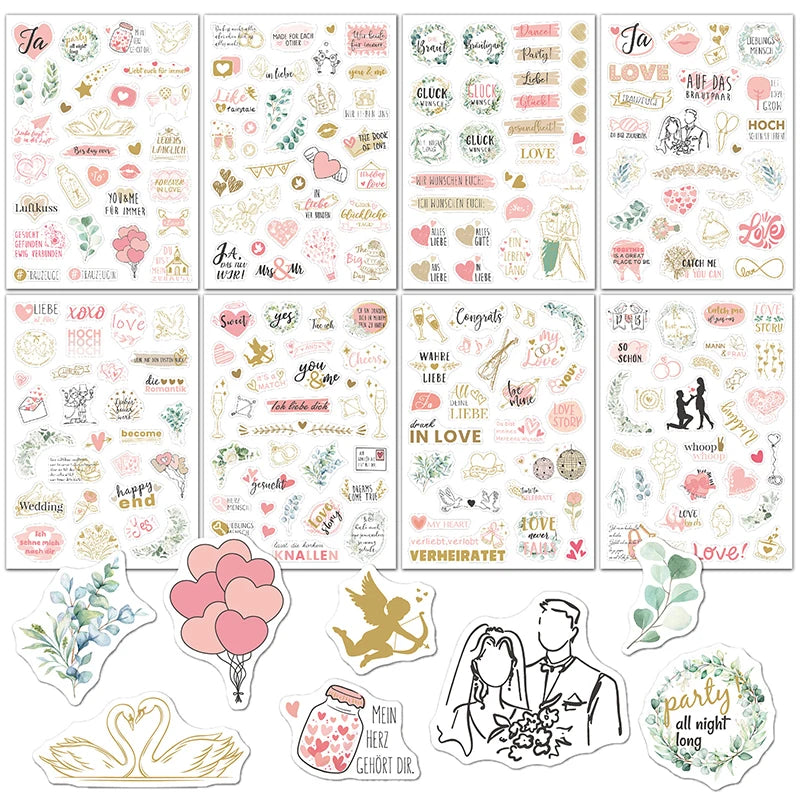 stickers mariage amour floral romantique vintage élégant or rose vert adhésifscriçãoption