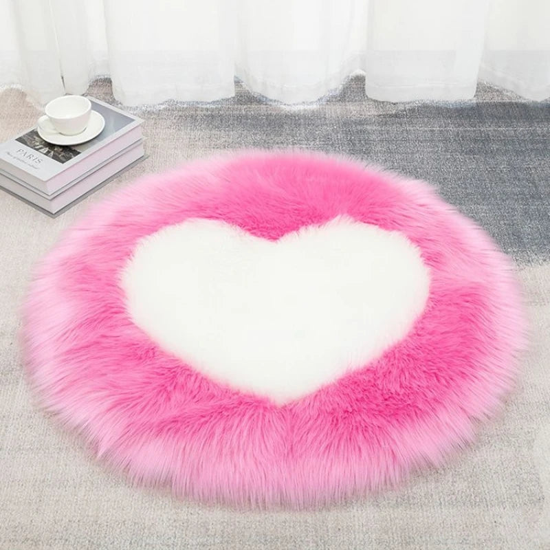 tapis rond blanc rose fourrure coeurs moderne doux salon chambreDecoration