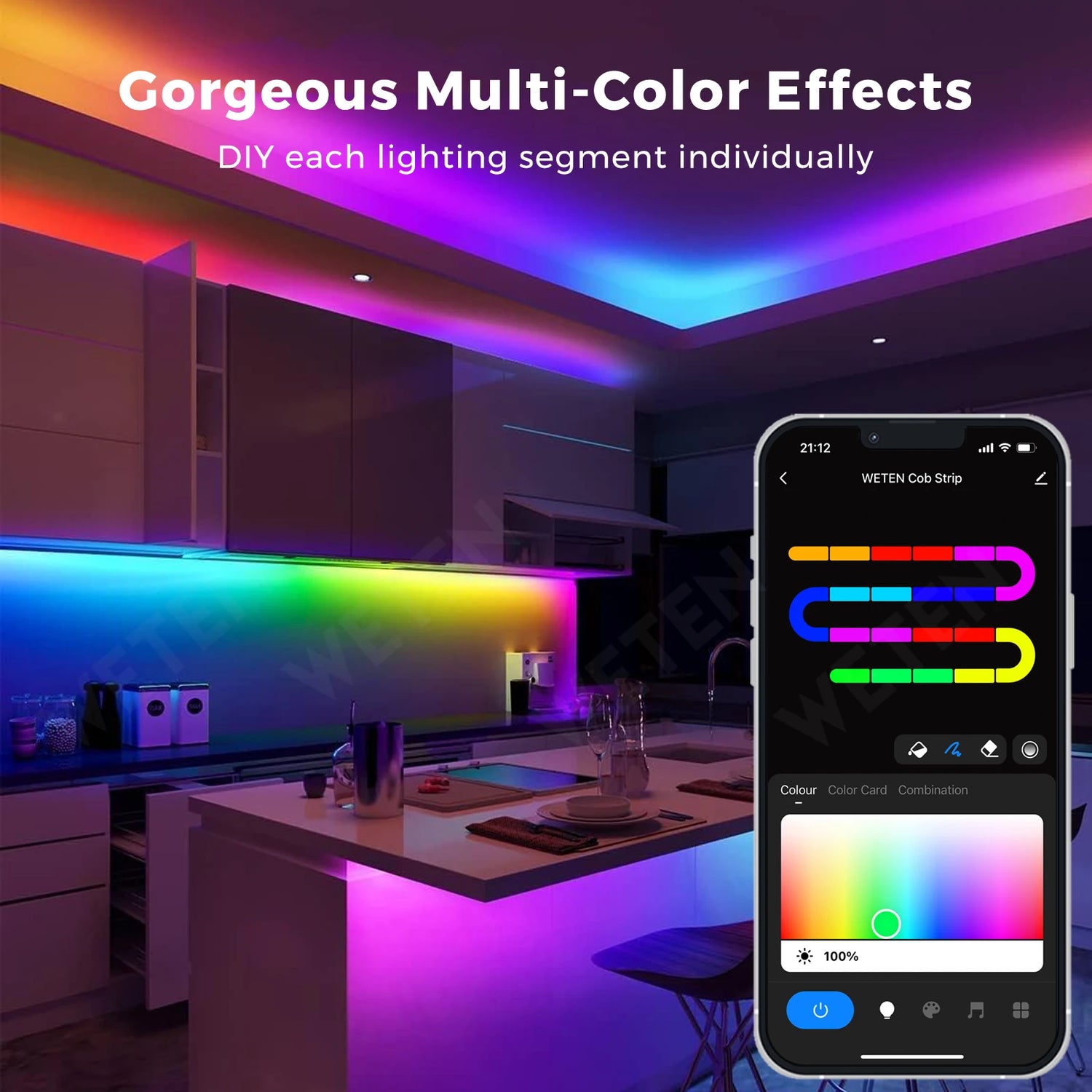 Ruban LED connecté RGBIC COB WiFi 24V adressable bleu ciel