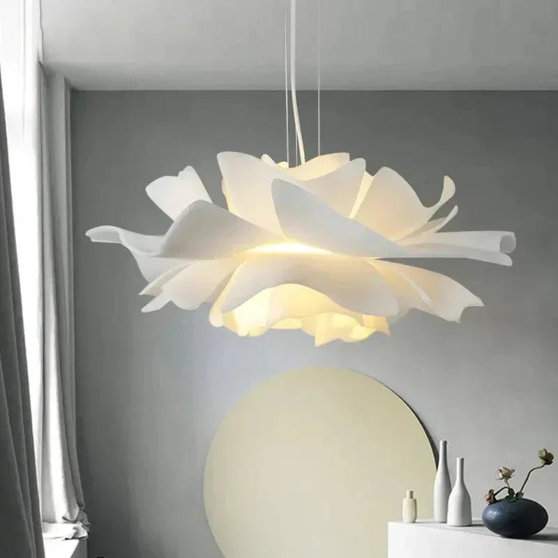 lampe suspendue moderne feuilles ouvertes blanc opacité éclairage chaleureux interrupteur bouton semi encastré