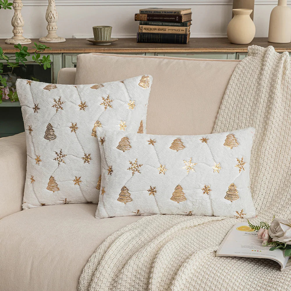 coussins décoratifs noël arbre flocons vert rouge opaques festif hiver lit sofa decoration