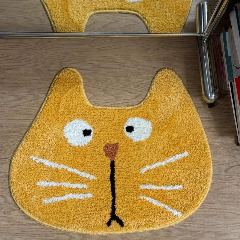 tapis sol antidérapant imperméable polyester motif chat visage orange marron vert moderne salle bain
