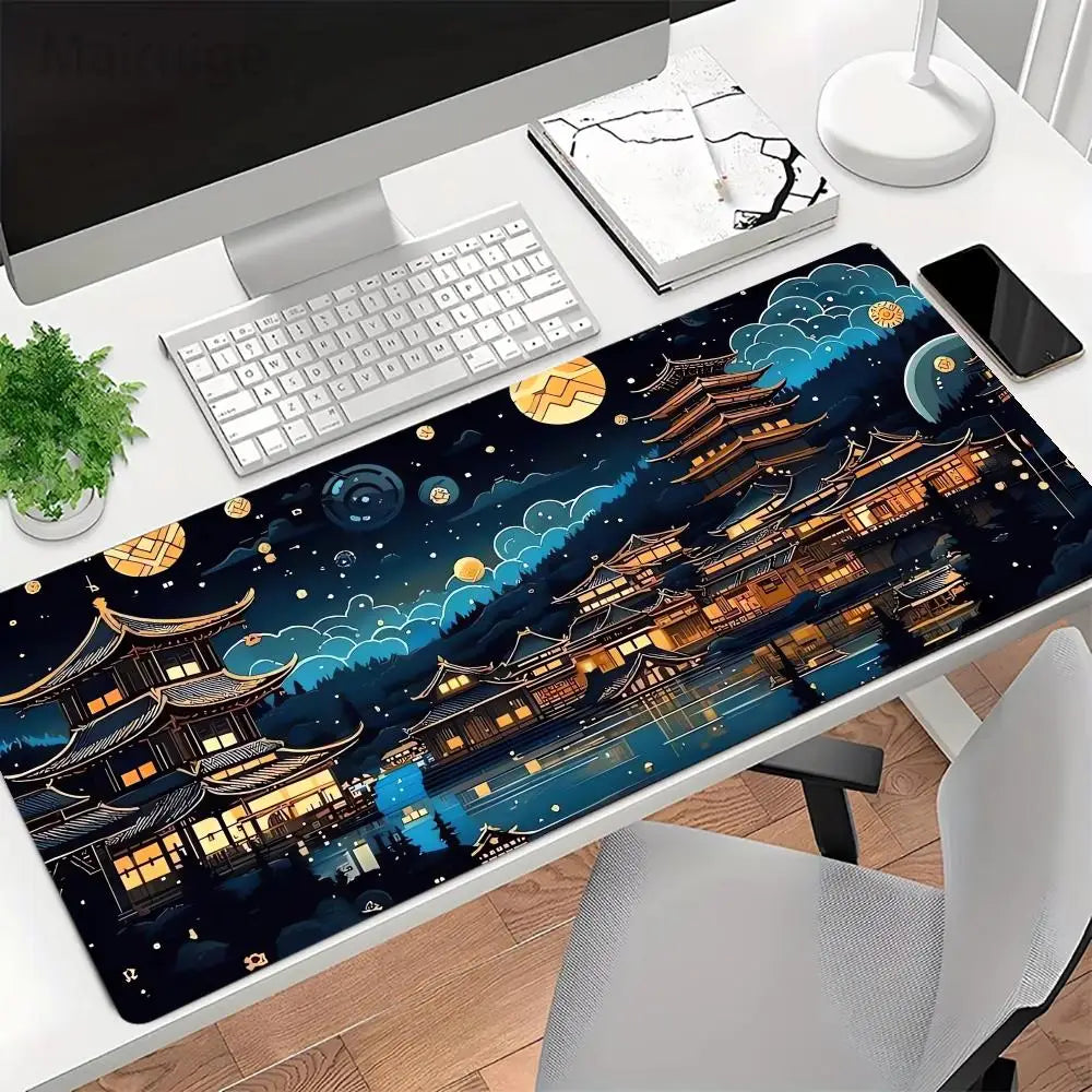 tapis souris noir illustration pagodes japonaises nuit caoutchouc antiderapant jeu numérique