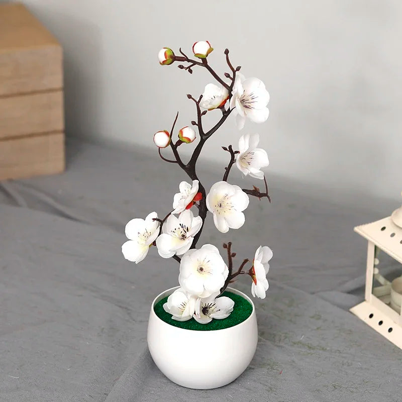 plantes artificielles branche fleurs rouge rose blanc simple feuilles pot blanc