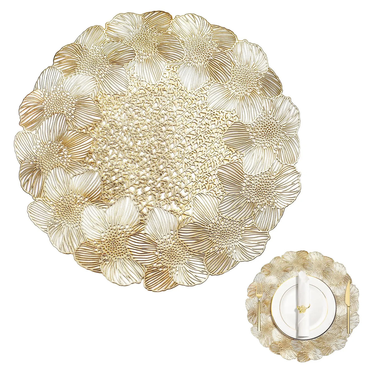 placemats dorés fleurés élégants assiettes fourchettes couteaux serviettes verres festifs mariage anniversaire famille festival
