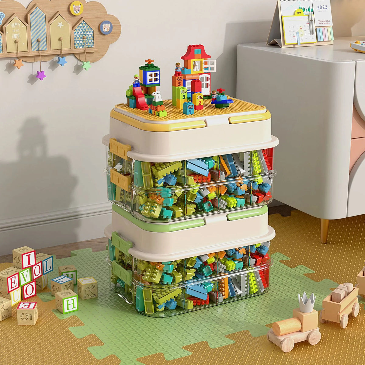 boîtes rangement jouets transparentes plaques lego like poignées couleurs blanc jaune vert bleu rouge