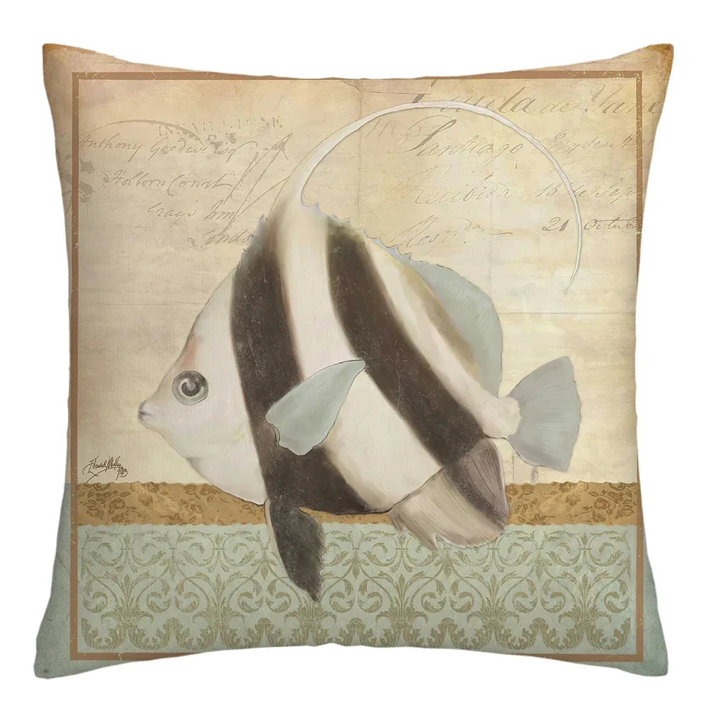 coussins carrés vintage poissons bleu gris beige coussin lin décor maison sofa voiture