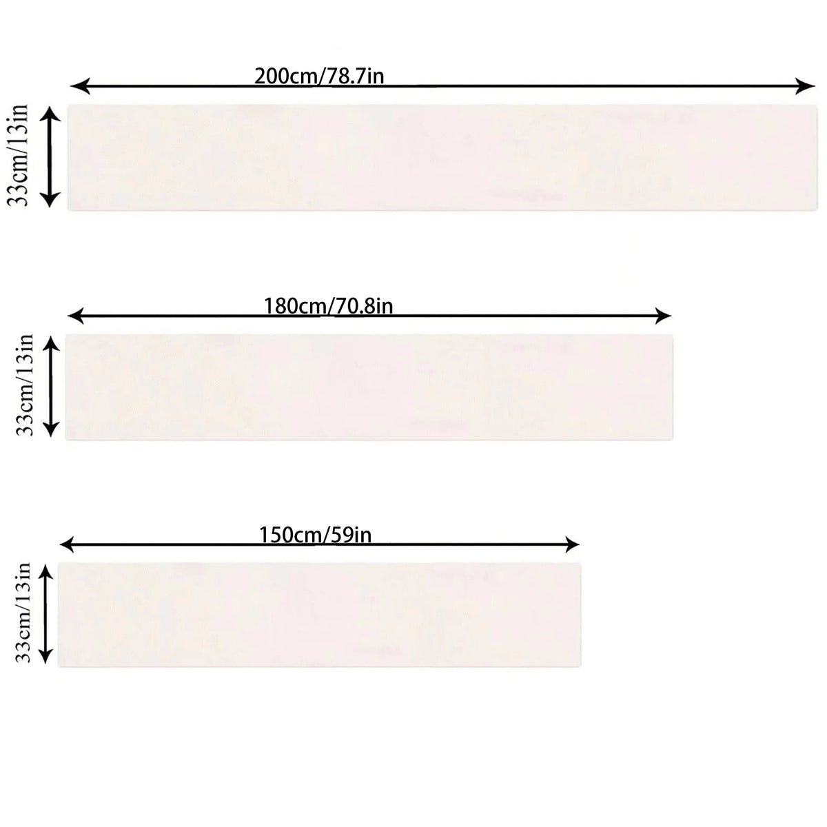 Un revêtement mural blanc rectangulaire de dimensions 200 cm de largeur sur 33 cm de hauteur, avec d'autres options de tailles 180 cm de largeur sur 33 cm de hauteur et 150 cm de largeur sur 33 cm de hauteur.