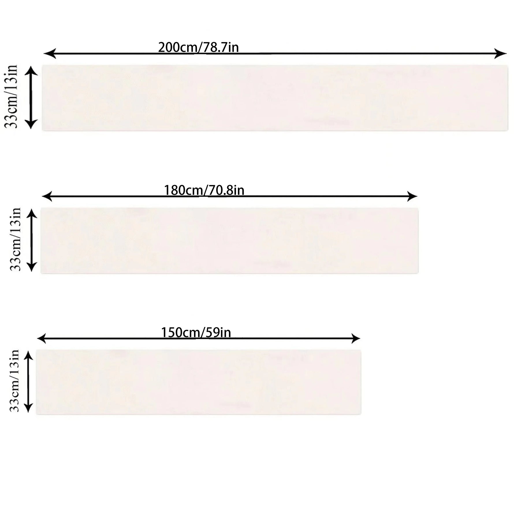 Un revêtement mural blanc rectangulaire de dimensions 200 cm de largeur sur 33 cm de hauteur, avec d'autres options de tailles 180 cm de largeur sur 33 cm de hauteur et 150 cm de largeur sur 33 cm de hauteur.