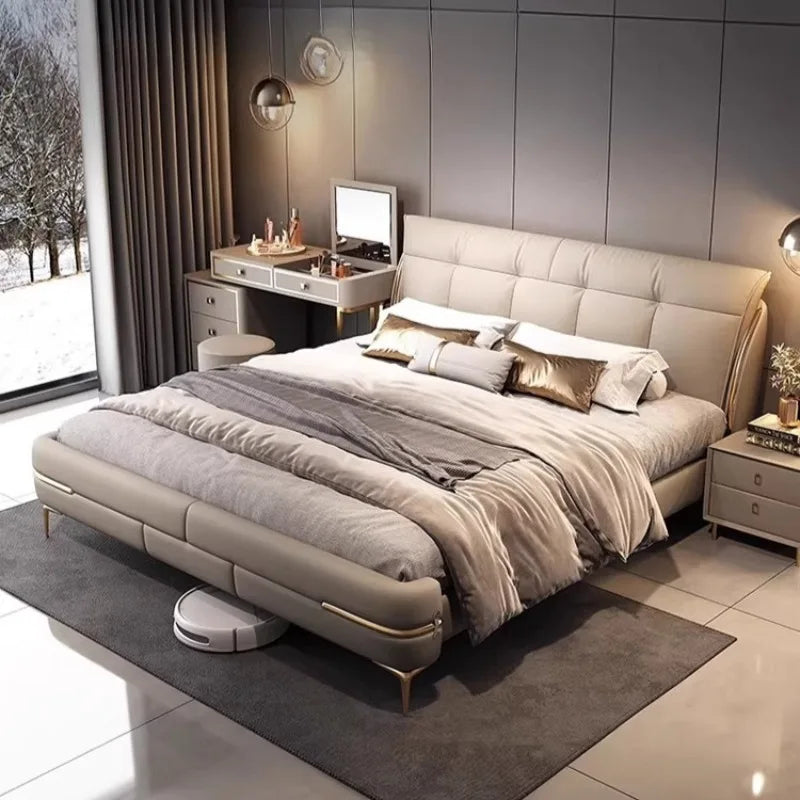 lit moderne minimaliste simili cuir beige clair pieds dorés chambre coucher