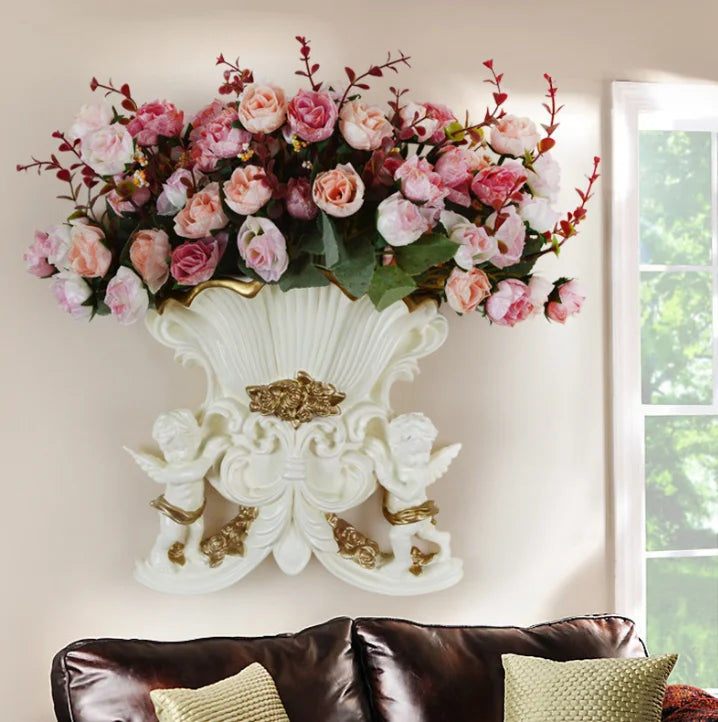 vase mural résine blanc doré anges motifs floraux baroque opaques fixations
