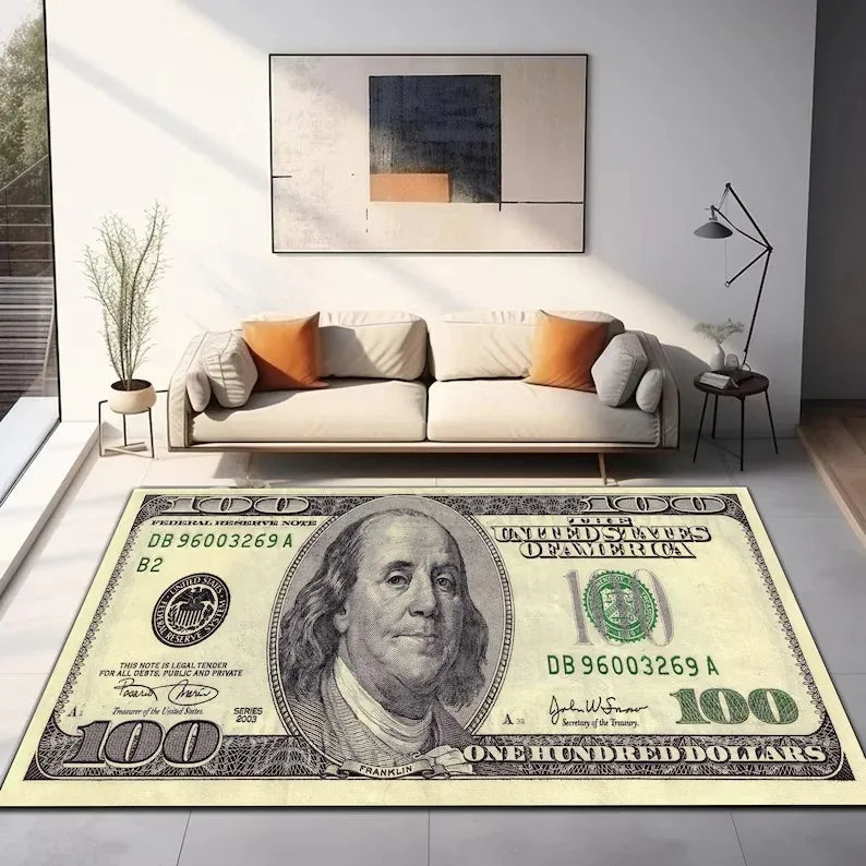 tapis sol moderne motif billets cent dollars américains noir blanc doré