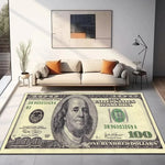 tapis sol moderne motif billets cent dollars américains noir blanc doré