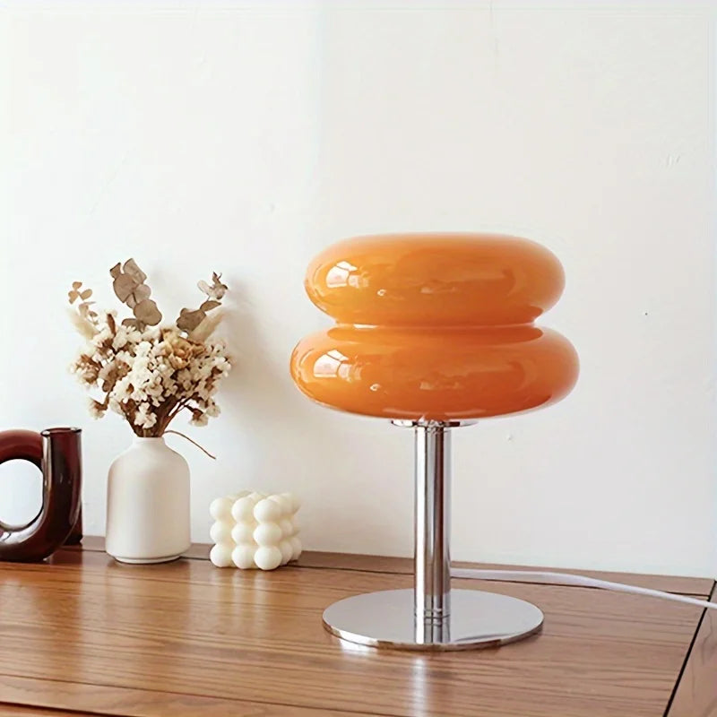 lampe table led deux globes superposés base chromée rétro couleur orange rose jaune