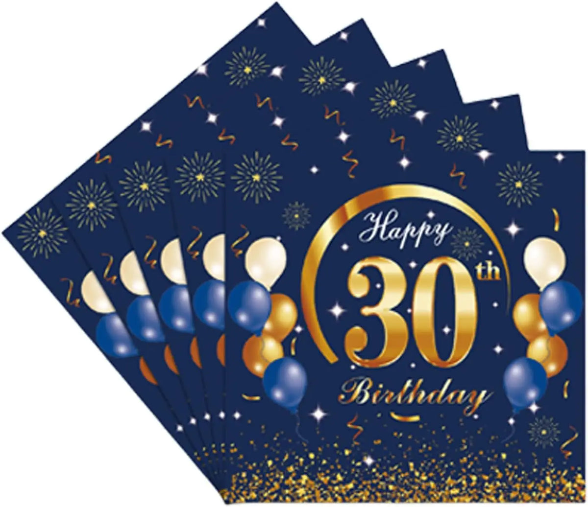 serviettes papier anniversaire fleurs chiffres dorés bleu marine fête confettis ballons age