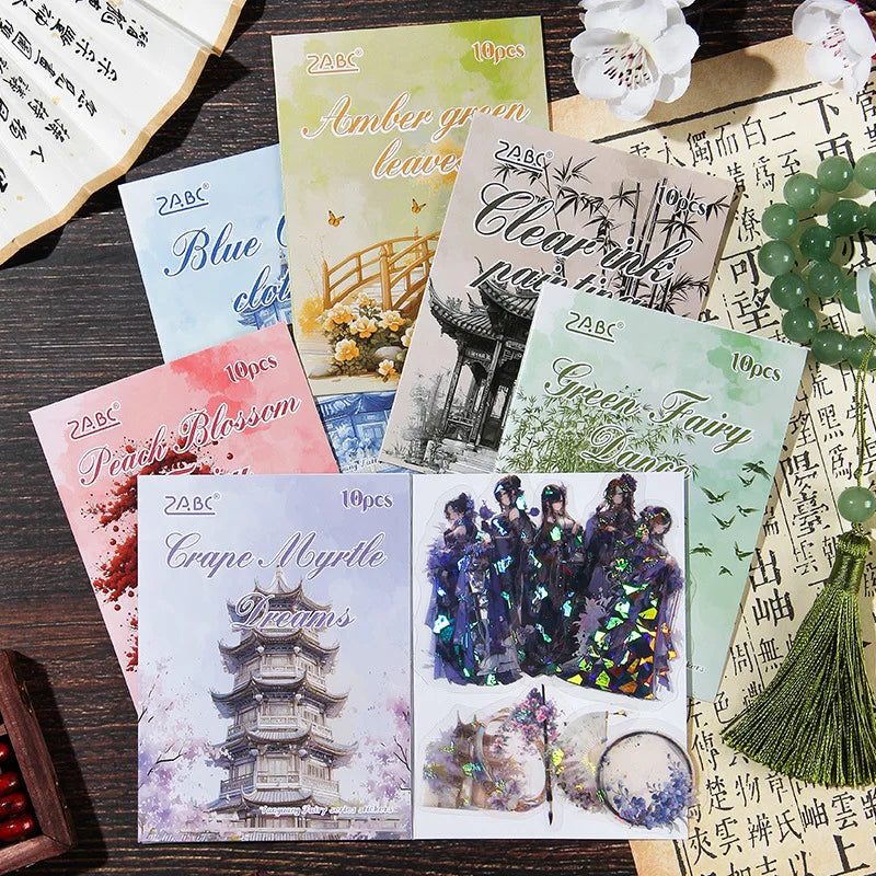 autocollants traditionnels chinois personnages costumes historiques papillons fleurs transparents scrapbooking journal bricolage 10pcs bleu