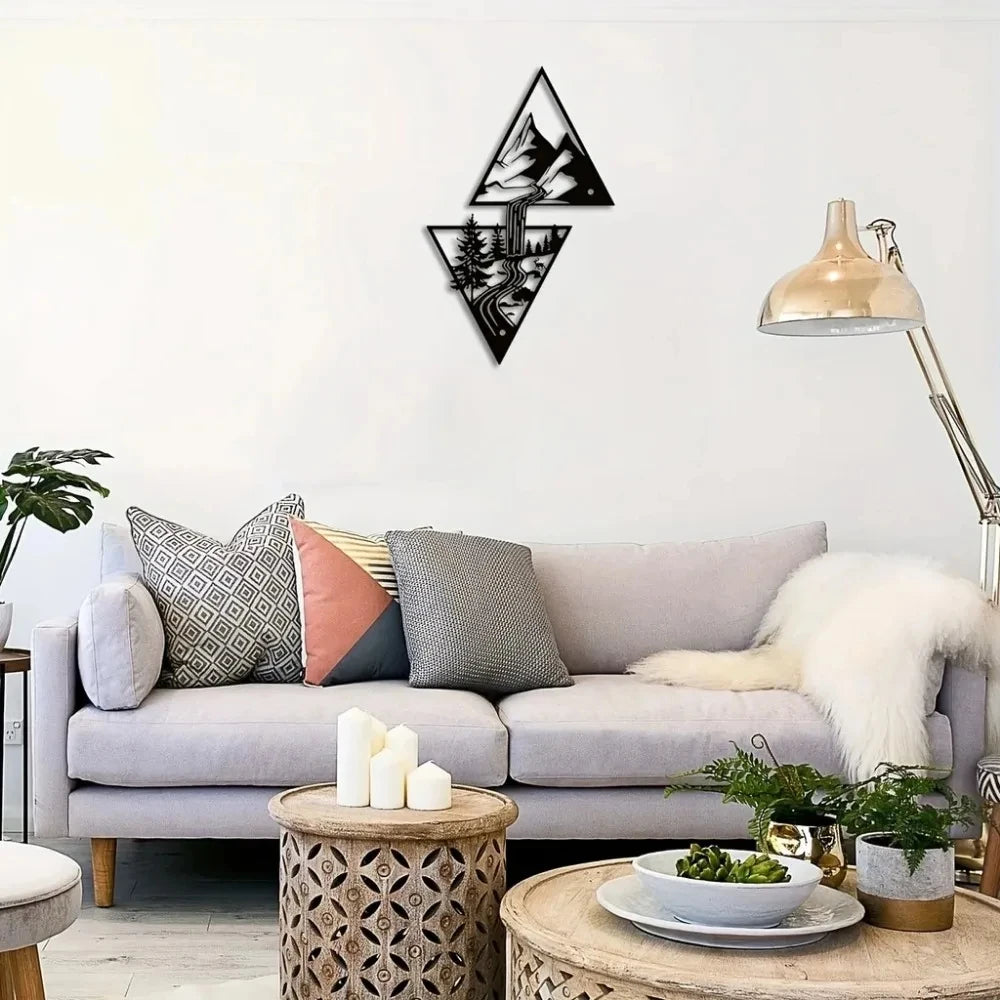 décoration murale métal paysage montagneux cascade forêt moderne minimaliste nature triangles imbriqués