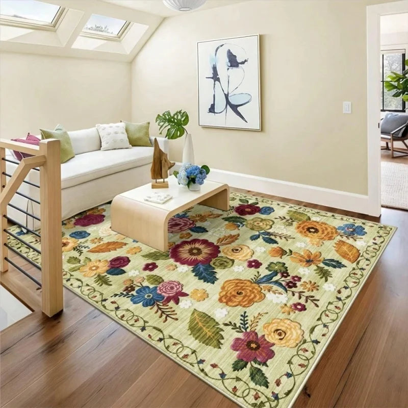 tapis fleuré moderne polypropylène antidérapant extérieur intérieur salon chambre vert clair rose